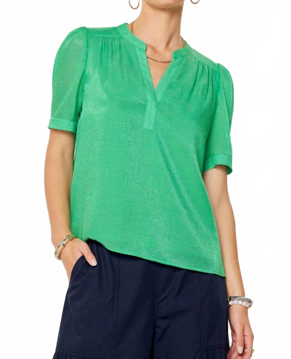 NEW CURRENT AIR split neck short sleeve blouse in cool aloe